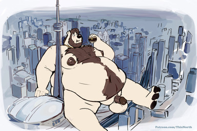 anthro balls beard belly big_balls big_belly big_nipples blush body_hair burger chest_hair city cityscape cn_tower eating facial_hair flustered food genitals hair happy_trail holding_food holding_object jewelry macro male moobs navel necklace nipple_piercing nipples overweight overweight_male penis piercing sitting solo toronto tcw tcw_(character) bear mammal polar_bear ursine hi_res