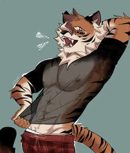 abs anthro arm_tuft black_clothing black_shirt black_stripes black_topwear blue_background bottomwear brown_body brown_fur clothing crotch_tuft elbow_tuft eyebrow_piercing facial_piercing fur hair hair_over_eye hand_behind_head head_tuft male markings muscular muscular_anthro muscular_male neck_tuft nipples open_mouth orange_body orange_eyes orange_fur pants pattern_bottomwear pattern_clothing pattern_pants pecs piercing plaid plaid_bottomwear plaid_clothing plaid_pants red_bottomwear red_clothing red_pants sharp_teeth shirt simple_background solo standing stretched_clothing stretching striped_body striped_fur striped_markings striped_tail stripes tail tail_markings teeth topwear translucent translucent_clothing translucent_shirt translucent_topwear tuft underwear white_body white_fur l4ng felid mammal pantherine tiger 2025 digital_drawing_(artwork) digital_media_(artwork) hi_res portrait three-quarter_portrait