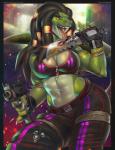 anthro black_border black_hair blood bodily_fluids border breasts claws cleavage clothed clothing dreadlocks female fingerless_gloves gloves gun hair handwear holding_gun holding_object holding_ranged_weapon holding_weapon knife licking licking_blood long_hair looking_at_viewer midriff mini_uzi non-mammal_breasts open_mouth ranged_weapon solo submachine_gun text tongue tongue_out weapon yellow_eyes miles_df zynn reptile scalie 2017