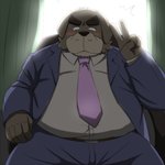 anthro belly blush bottomwear brown_body brown_fur clothing fur humanoid_hands kemono male necktie overweight overweight_anthro overweight_male pants shirt sitting solo topwear emufu canid canine canis domestic_dog mammal 1:1 2015