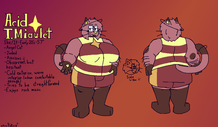 anthro arm_hair big_breasts body_hair bottomwear breasts clothing cute_fangs eyewear fangs front_view glasses gloves_(marking) gynomorph halo intersex leg_markings markings pawpads rear_view rectangular_glasses shorts slightly_chubby slightly_chubby_gynomorph slightly_chubby_intersex socks_(marking) solo tail teeth text thick_arms tongue top_heavy topwear vest whiskers yellow_fangs yellow_nose yellow_pawpads yellow_tongue zipper felineflustered acid_(felineflustered) angel domestic_cat felid feline felis mammal english_text model_sheet trans_(lore) trans_woman_(lore)