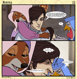 4_fingers anthro beak black_nose border cheek_tuft claws clenched_teeth clothed clothed_anthro clothed_female clothed_human clothed_male clothing countershade_face countershade_fur countershading dialogue eyebrows eyelashes facial_tuft feather_hands feathers female female_anthro finger_claws fingers fully_clothed fully_clothed_anthro fully_clothed_female fur group headdress holding_needle holding_object holding_sewing_needle inside insignia iris light_body light_skin looking_down male male_human narrowed_eyes needle_and_thread nobleman on_model open_beak open_mouth page_number pain pupils sewing_needle sharp_teeth shield shirt sitting snout speech_bubble standing stone_wall surgical_suture talking_to_another teeth text title topwear trio tuft wall_(structure) wall_decoration white_clothing white_shirt white_topwear wimple window winged_arms wings yellow_sclera sir_paulus disney robin_hood_(disney) lady_kluck maid_marian pavel_(sir_paulus) avian bird canid canine canis chicken fox galliform human mammal phasianid artist_name comic english_text hi_res