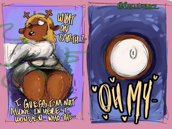 anthro antlers bathroom blonde_hair breasts brown_body clothing dress female hair horn looking_at_another peephole peeping pooping public_restroom sitting sitting_on_toilet smell smelly solo spying text toilet toilet_use voyeur crimson_2020 deltarune undertale_(series) noelle_holiday deer mammal new_world_deer reindeer 4:3 comic english_text