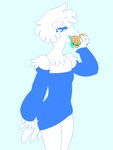 anthro beak blue_background blue_eyes blue_tongue burger clothed clothing food gynomorph hair holding_burger holding_food holding_object intersex open_mouth simple_background solo standing tail tongue tongue_out tuft tezukasdrawer avian 3:4