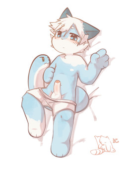 4_fingers anthro balls bent_leg blue_body blue_eyes blue_fur blush clothed clothing erection fingers foreskin fur genitals hair humanoid_genitalia humanoid_penis kemono living_tail lying male on_back partially_clothed penis short_hair simple_background solo tail underwear underwear_down underwear_only unusual_anatomy unusual_tail white_background white_body white_fur white_hair young young_male jidebuxiao felid feline mammal colored digital_drawing_(artwork) digital_media_(artwork) hi_res shaded