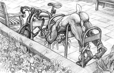 animal_genitalia animal_penis anthro antlers anus armpit_hair ass_up balls bdsm bent_over bike_lock bike_rack body_hair bondage bound butt cervid_balls cervine_genitalia cervine_penis duct_tape genitals hooves horn looking_at_viewer male nude penis public public_exposure public_nudity solo tape tape_bondage worried momamo mo_(momamo) cervine deer elk mammal 2025 hi_res monochrome sketch traditional_media_(artwork)
