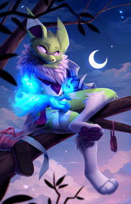 anthro blue_sky cheek_tuft chest_tuft cloud detailed_background facial_tuft fur green_body green_fur in_tree kerchief looking_at_viewer male moon neck_tuft neckerchief neckwear night no_pupils outside pawpads pink_eyes plant purple_kerchief purple_neckerchief purple_pawpads purple_sclera sitting sky solo toony tree tuft white_body white_fur bloominglynx canid canine mammal absurd_res detailed hi_res