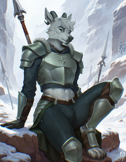 action_pose anthro armor confident detailed_armor fantasy fantasy_character fur_trim knight male medieval melee_weapon muscular polearm pose sitting snow solo spear warrior weapon winter levsha canid canine canis mammal wolf