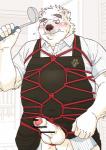 anthro apron balls bdsm belly blush bondage bound clothing cute_fangs erection fangs fur genitals humanoid_genitalia humanoid_hands humanoid_penis male penis restraints rope rope_bondage rope_harness shirt slightly_chubby solo teeth topwear white_body white_fur ryuta-h bear mammal polar_bear ursine 2019 censored hi_res