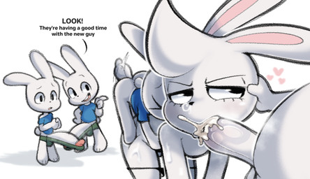 anal anal_penetration annoyed anthro balls being_watched bodily_fluids bottomless bottomwear butt cheek_bulge clothed clothing cum cum_in_mouth cum_inside dialogue erection erection_under_clothing fellatio femboy genital_fluids genitals gesture group hand_gesture head_tuft heart_symbol humanoid_genitalia humanoid_penis ineffective_clothing larger_sub looking_at_another male male/male male_penetrated male_penetrating male_penetrating_male oral oral_penetration panties panties_down partially_clothed penetration penile penile_penetration penis penis_in_ass pointing pointing_at_another rabbit_ears scut_tail sex short short_tail shorts size_difference small_but_hung submissive tail talking_to_another text tuft underwear underwear_down white_body ciavs ciavs_(chracter) lagomorph leporid mammal rabbit english_text hi_res