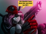 bodily_fluids crying dialogue duo female feral gun handgun male pistol ranged_weapon speech_bubble tail tears text weapon djpuppeh friendship_is_magic hasbro marvel my_little_pony deadpool pinkie_pie_(mlp) earth_pony equid equine horse human mammal pony crossover english_text