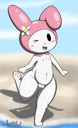 anthro black_eyes blush clothing female flat_chested flower genitals headgear headwear hood looking_at_viewer nipples one_ear_up open_mouth pink_clothing pink_headwear pink_hood plant plump_labia simple_background solo swimwear vulva white_body teknomekanoid onegai_my_melody sanrio my_melody lagomorph leporid mammal rabbit absurd_res hi_res