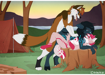 anthro anthro_on_anthro black_hair black_hooves black_nose blue_eyes blush breasts brown_body brown_fur cloven_hooves countershading detailed_background digitigrade eyes_closed female fur grass grey_body grey_fur group hair head_tuft hooves male male/female nipples open_mouth outside pink_blush pink_body pink_eyes pink_fur pink_hair pink_nipples plant sky teeth tent tongue tongue_out tree tuft unguligrade water white_body white_fur citrinelle canid canine canis deer domestic_dog fox mammal 2015 digital_drawing_(artwork) digital_media_(artwork) flat_colors