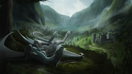 ambiguous_gender claws feet feral fingers fur horn lying mountain on_back outside plant sky smile solo tail toes tree wings jadedragoness mythology dragon mythological_creature mythological_scalie scalie 16:9 2026 digital_drawing_(artwork) digital_media_(artwork) hi_res widescreen