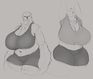 anthro beak big_breasts bottomwear breasts clothed clothing female female_anthro front_view huge_breasts mouth_closed navel non-mammal_breasts non-mammal_navel overweight overweight_anthro overweight_female simple_background simple_eyes solo thick_thighs topwear wide_hips jezzlen avian hi_res monochrome sketch