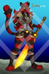 anthro armor barbarian belt big_breasts big_sword breasts cleavage clothed clothing fantasy female fur fur_clothing green_eyes hair hand_on_hip heat_sword holding_melee_weapon holding_object holding_sword holding_weapon leather leather_armor long_hair melee_weapon red_body red_fur skimpy solo sword unconvincing_armor weapon yellow_sclera diamond_grenadier nintendo pokemon emmalfia felid feline generation_7_pokemon incineroar mammal pantherine pokemon_(species) tiger absurd_res hi_res