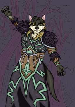 anthro armor fantasy forest male outside plant solo tree petitluca blizzard_entertainment warcraft tayu canid canine canis mammal wolf hi_res