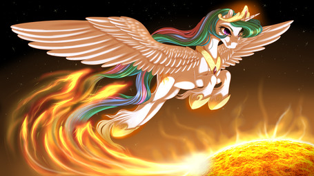 crown cutie_mark feathered_wings feathers female feral fire fur hair headgear horn jewelry multicolored_hair multicolored_tail princess purple_eyes royalty solo space star sun tail tiara unicorn_horn white_body white_feathers white_fur wings kittehkatbar friendship_is_magic hasbro my_little_pony mythology princess_celestia_(mlp) equid equine mammal mythological_creature mythological_equine winged_unicorn 16:9 2013 hi_res widescreen