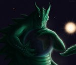 ambiguous_gender anthro giga globe green_body green_scales holding_planet horn jaws macro planet scales shooting_star solo space star sun tail fexneel_denisse kaiju 2024 digital_media_(artwork) hi_res watermark