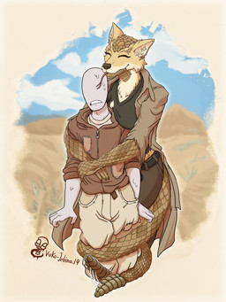 afterimage anthro anthrofied brown_body brown_scales clothed clothing duo eyes_closed face_lick female fur fur_and_scales hug human_on_anthro interspecies licking male rattle_(anatomy) scales tail tail_around_leg tan_body tan_fur tongue tongue_out torn_clothing vuko-jebina fallout microsoft anon blank_humanoid canid canine canis coyote human humanoid hybrid mammal night_stalker_(fallout) pit_viper reptile scalie snake viper 2019 absurd_res hi_res