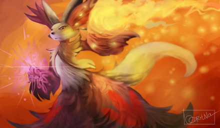 ambiguous_gender anthro dutch_angle elemental_manipulation fire fire_manipulation fur looking_at_viewer magic orange_background red_body red_fur simple_background solo standing text white_body white_fur yellow_body yellow_fur ocaritna nintendo pokemon delphox generation_6_pokemon pokemon_(species) 2013 artist_name