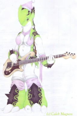 3_toes 5_fingers anthro armor bass_guitar belly big_breasts big_ears big_feet biped bra breasts cleavage clothed clothing curvy_figure eyelashes feet female fingers green_body guitar hat headgear headwear horn leather lingerie looking_at_viewer music musical_instrument navel non-mammal_breasts panties playing_guitar playing_music plucked_string_instrument scarf short_tail sleeves smile solo spikes spots standing stare straps string_instrument tail toes underwear voluptuous yellow_eyes caleb_magness shelby_sakura armolin japanese_turtleshell_armolin matile scalie