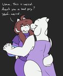 alternate_species anthro big_breasts boss_monster_(undertale) bovid breasts brown_hair caprine clothed clothing dancing duo english_text fangs female frisk_(undertale) fur goat hair horn long_ears long_hair mammal mature_anthro mature_female ring robertge simple_background smile teeth text toriel undertale undertale_(series) white_body white_fur