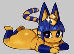 :< anthro armor bangs blue_clothing blue_hair blue_legwear bob_cut butt clothing egyptian female fur hair legwear legwear_only lying markings nude on_front pawpads paws simple_background solo striped_markings striped_tail stripes tail tail_markings uraeus vambrace vambraces_only yellow_body yellow_fur fiinel animal_crossing nintendo ankha_(animal_crossing) domestic_cat felid feline felis mammal 2022 digital_media_(artwork)