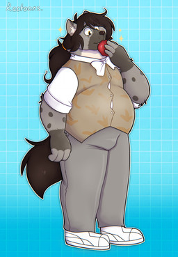 4_fingers anthro apple arms_bent black_eyebrows black_hair black_nose black_tail blue_background bottomwear button_(fastener) clothed clothed_anthro clothed_male clothing eating eating_apple eating_food eyebrow_through_hair eyebrows fangs fingers food footwear fruit fully_clothed fully_clothed_anthro fully_clothed_male fur grey_body grey_bottomwear grey_clothing grey_fur grey_pants grey_spots hair holding_apple holding_food holding_fruit holding_object light long_hair looking_at_apple male multicolored_body multicolored_fur orange_hair_tie outline overweight overweight_anthro overweight_male pants pattern_background plant shirt shoes simple_background solo sparkles spots spotted_arms tail tan_clothing tan_topwear tan_vest teeth text thick_thighs topwear translucent translucent_hair vest whisker_spots white_clothing white_footwear white_outline white_shirt white_shoes white_topwear yellow_eyes ractoons hyena mammal 2021 artist_name colored digital_drawing_(artwork) digital_media_(artwork) english_description full-length_portrait hi_res lighting portrait shaded