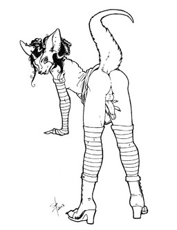 alternative_fashion anthro armwear biped bottomless clothed clothing crossdressing erection femboy footwear fur genitals glamfur goth hair high_heels humanoid_genitalia humanoid_penis legwear male pattern_armwear pattern_clothing pattern_legwear penis shoes simple_background solo stockings striped_armwear striped_clothing striped_legwear stripes tail trad_goth white_background nephilia mammal 2003 black_and_white monochrome source_request traditional_media_(artwork)
