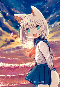 anthro asian_clothing blue_eyes blush clothing east_asian_clothing female fur hair japanese_clothing japanese_school_uniform kemono looking_at_viewer open_mouth outside school_uniform sea serafuku solo sunset uniform water white_hair popoemo domestic_cat felid feline felis mammal