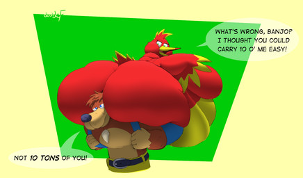 anthro backpack beak belly big_belly big_breasts big_butt black_nose blue_eyes bottomwear breasts brown_body brown_fur butt clothed clothing feathers female fur green_eyes huge_belly huge_breasts huge_butt jewelry male morbidly_obese morbidly_obese_anthro morbidly_obese_female necklace obese obese_anthro obese_female overweight overweight_anthro overweight_female red_body shorts tail tail_feathers text wings yellow_beak doublef-returns banjo-kazooie rareware banjo_(banjo-kazooie) kazooie avian bear bird breegull mammal english_text hi_res shaded