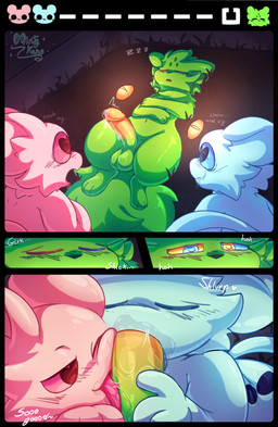 ambiguous_gender anthro balls big_balls big_penis blush bodily_fluids drooling erection fellatio fur genital_fluids genitals glowing glowing_genitalia glowing_penis group group_sex heart_eyes heart_symbol heterochromia huge_balls huge_penis humanoid_genitalia humanoid_penis licking lying male male/ambiguous nude on_back open_mouth oral penile penis penis_lick precum saliva sex sleep_sex sleeping smile spread_legs spreading tail text thick_tail thick_thighs threesome throbbing throbbing_penis tongue tongue_out trio wide_hips minty_kane rain_world videocult saint_(rain_world) lantern_mouse_(rain_world) mammal rodent slugcat 2025 absurd_res comic digital_drawing_(artwork) digital_media_(artwork) hi_res