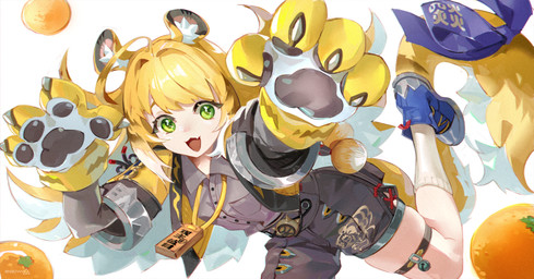 accessory action_pose adolescent animal_ears belt black_bottomwear black_clothing black_shorts blonde_hair blue_clothing blue_footwear blue_shoes bottomwear clawed_gloves clothed clothed_female clothed_humanoid clothing cute_fangs fangs female female_humanoid fluffy_ears food footwear foreshortening fruit furgonomics gloves green_eyes grey_dress_shirt hair handwear happy jacket long_hair looking_at_viewer open_clothing open_jacket open_mouth open_topwear paw_gloves plant pose raised_leg ribbons shoes shorts simple_background socks solo tail tail_accessory tail_ribbon tangerine_(fruit) teeth thigh_strap topwear two_tone_tail white_background white_clothing white_footwear white_hair white_socks yellow_clothing yellow_jacket_(clothing) yellow_topwear young young_female young_humanoid rendez_vvv mihoyo zenless_zone_zero ju_fufu animal_humanoid felid felid_humanoid humanoid mammal mammal_humanoid pantherine pantherine_humanoid thiren tiger_humanoid digital_drawing_(artwork) digital_media_(artwork) hi_res shaded simple_shading
