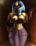 2023 4:5 anthro big_breasts breasts clothed clothing cofagrigus conditional_dnp covering covering_breasts digital_media_(artwork) digital_painting_(artwork) dress egyptian female generation_5_pokemon ghost hand_on_hip hi_res looking_at_viewer nintendo not_furry paradoxing pokemon pokemon_(species) red_eyes signature solo spirit standing topless wide_hips