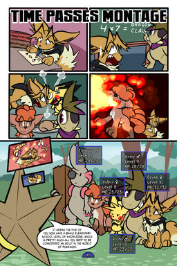 5_panel_comic ambiguous_gender angry biped black_cape black_clothing black_eyes black_nose black_tail black_text bodily_fluids book breath_powers brown_body brown_eyes brown_fur brown_hair cape chalk chalkboard cheek_spots clothing cloud cross-popping_vein crossed_arms day desk dialogue dot_pupils elemental_manipulation empty_eyes exclamation_point eye_patch eyebrows eyelashes eyes_closed eyewear feral fire fire_breathing fire_manipulation fluffy fluffy_tail food forest fur furniture grass group hair holding_chalk inner_ear_fluff looking_at_another mouth_closed neck_tuft one_eye_obstructed open_mouth open_smile outside page_number paper paws pen plant plate pupils purple_eyes purple_scarf quadruped red_cheeks scarf sharp_teeth sky smile speech_bubble spikes spikes_(anatomy) standing stinger sweat sweatdrop table tail talking_to_another teeth text text_box tongue toony translucent translucent_hair tree tuft tusks white_eyes white_pupils white_sclera yellow_body virmir nintendo pokemon pokemon_mystery_dungeon spike_chunsoft virmir_(character) zinc_(zincxiron) axew eevee generation_1_pokemon generation_2_pokemon generation_5_pokemon humanoid pichu pokemon_(species) staryu timburr vulpix weedle 2025 2:3 absurd_res comic english_text hi_res female_(lore) male_(lore)