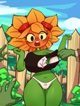 anthro big_breasts biped blush bra breasts choker cleavage clothed clothing crop_top detailed_background eyelashes eyewear eyewear_on_head female fence flower freckled_face freckles goggles goggles_on_head green_body huge_breasts huge_hips huge_thighs jewelry navel necklace non-mammal_breasts non-mammal_navel off-shoulder_crop_top open_mouth panties petal_hair plant shirt shirt_grab solar_flare solo surprised thick_thighs topwear torn_clothing underwear wide_hips yellow_sclera rabiosin electronic_arts plants_vs._zombies plants_vs._zombies_heroes popcap_games solar_flare_(pvz) elemental_creature flora_fauna flower_creature sunflower_(pvz) undead zombie 2024 absurd_res hi_res