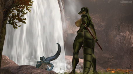 anthro big_breasts big_butt bottomwear breasts butt clothing female group hand_on_hip loincloth looking_at_viewer looking_back melee_weapon nude outside plant polearm rock spear tree trio water waterfall weapon soldierguy petruz_(modeler) crocodile_(petruz) crocodilian reptile scalie 16:9 3d_(artwork) digital_media_(artwork) hi_res shaded soft_shading source_filmmaker_(artwork) widescreen