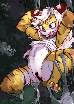 anthro arms_above_head bandage black_stripes blue_eyes bodily_fluids bottomless breasts chest_wraps claws clothed clothing countershading female fur genitals hair kemono long_hair mostly_nude navel open_mouth orange_body orange_fur pupils restrained sharp_teeth slit_pupils solo spread_legs spreading striped_body striped_fur stripes sweat sweatdrop teeth under_boob vulva white_body white_countershading white_fur white_hair wraps tokumori_kaisen cyberconnect2 drecom full_bokko_heroes zhang_fei_(full_bokko_heroes) felid mammal pantherine tiger 2018 aliasing censored digital_media_(artwork) hi_res