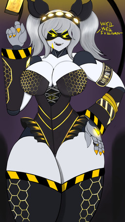 armband big_breasts breasts cleavage clothed clothing fangs female grey_hair hair hand_on_hip looking_at_viewer machine ponytail solo tail teeth thick_thighs yellow_eyes unknown_artist glitch_productions murder_drones j_(murder_drones) android disassembly_drone humanoid robot 9:16 absurd_res hi_res