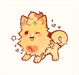 ambiguous_gender blush brown_eyes curled_tail cute_fangs fangs feral fluffy_fur fur heart_symbol looking_at_viewer markings one_eye_closed open_mouth pink_tongue red_markings red_nose simple_background solo standing tail teeth tongue white_background yellow_body yellow_fur foxlett nintendo pokemon pokemon_winds_and_waves canid canine generation_10_pokemon mammal pokemon_(species) pombon 2026 colored digital_drawing_(artwork) digital_media_(artwork)