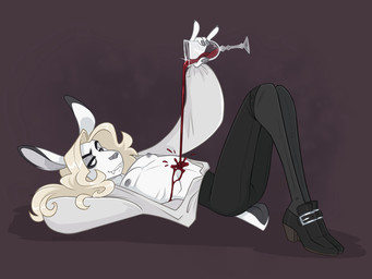 anthro bedroom_eyes blood bodily_fluids clothed clothing container cup drinking_glass fangs glass glass_container glass_cup hair half-closed_eyes liquid long_hair looking_at_viewer lying male narrowed_eyes on_back open_clothing open_shirt open_topwear pouring_onto_self seductive shirt simple_background smile smirk smug smug_face smug_grin solo teeth topwear wine_glass cadaverrdog josiah_(cadaverrdog) blanc_de_hotot domestic_rabbit lagomorph leporid mammal oryctolagus rabbit vampire 4:3