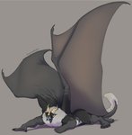 5_fingers anthro big_wings fingers fur hair horn lying male membrane_(anatomy) membranous_wings muscular muscular_anthro muscular_male nude on_front open_mouth simple_background solo tail teeth tongue tongue_out wings ahoge_(artist) digital_media_(artwork) hi_res