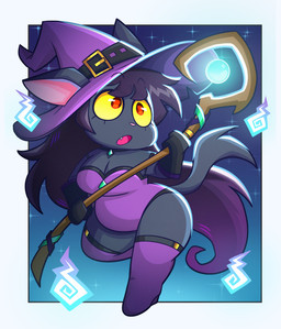 anthro breasts chibi clothing cute_fangs fangs female grey_body hat headgear headwear holding_object holding_staff leotard looking_up magic open_mouth purple_clothing purple_leotard red_eyes simple_background solo staff teeth witch_hat yellow_sclera kunesco domestic_cat felid feline felis mammal 2025 digital_media_(artwork)