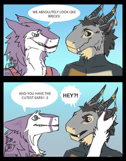 2_panel_comic anthro black_sclera claws dialogue duo eye_contact female fur horn looking_at_another male side_view smile snaggle_tooth text touching_ear louizim mythology dragon furred_dragon furred_scalie mythological_creature mythological_scalie scalie sergal comic english_text