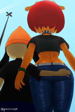 anthro bottomwear butt butt_grab clothed clothing denim denim_bottomwear denim_clothing duo female hair hand_on_butt jeans male male/female outside pants red_hair shirt standing tight_bottomwear tight_clothing tight_pants topwear greystwitpage_(artist) parappa_the_rapper sony_corporation sony_interactive_entertainment um_jammer_lammy lammy_lamb parappa bovid canid canine canis caprine domestic_dog mammal sheep 2024 hi_res
