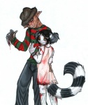 anthro blood bodily_fluids bottomwear clothed clothing duo female fully_clothed hat headgear headwear male pants shirt tail topwear zeriara nightmare_on_elm_street freddy_krueger zeriara_(character) lemur mammal primate ring-tailed_lemur strepsirrhine