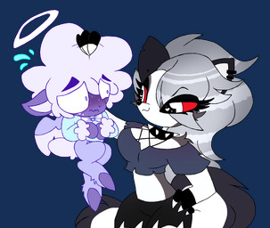 anthro back_wings black_clothing black_crop_top black_shirt black_topwear blue_clothing blue_shirt blue_topwear blush bodily_fluids bottomwear bow_tie breasts clothing collar crop_top duo ear_piercing eye_contact eyelashes female fingerless_gloves freckled_face freckles fur gloves grey_body grey_fur grey_hair hair halo hand_on_hip handwear heart_catchlight holding_another holding_hair hooves larger_female long_eyelashes looking_at_another male midriff nervous piercing pupils purple_body purple_fur purple_hair red_sclera shirt shorts simple_background size_difference small_pupils smaller_male smile spiked_collar spikes sweat tail tail_tuft topwear touching_hair transparent_background tuft unguligrade white_body white_fur wings wool_hair cyrilwolff hellaverse helluva_boss mythology collin_(helluva_boss) loona_(helluva_boss) angel bovid canid canid_demon canine canis caprine cherub demon hellhound mammal mythological_canine mythological_creature sheep wolf 2024 alpha_channel hi_res