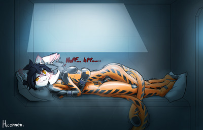 anthro blush blush_lines breath chastity_bulge chastity_device clothing duo edging hair hug inside kissing latex latex_clothing latex_skinsuit lock_bulge lock_symbol lying lying_on_another male male/male mitts null_bulge on_back pillow prison prison_suit prison_uniform prisoner skinsuit tight_clothing hiconnen asmo_(asmoerius) hicon felid feline mammal pantherine snow_leopard hi_res