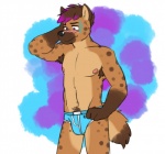 anthro armpit_hair black_nose blue_clothing blue_underwear blush body_hair briefs clothed clothing fur male nipples solo tail topless underwear underwear_only genchi jarlarild kelkko hyena mammal spotted_hyena